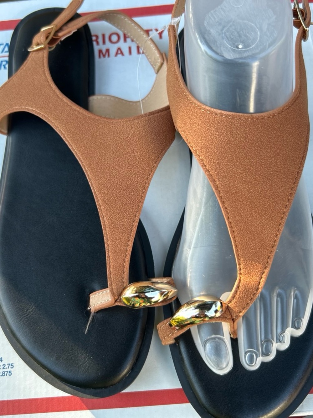 Women's Tan T-strap Slingback Sandals with Gold Accent